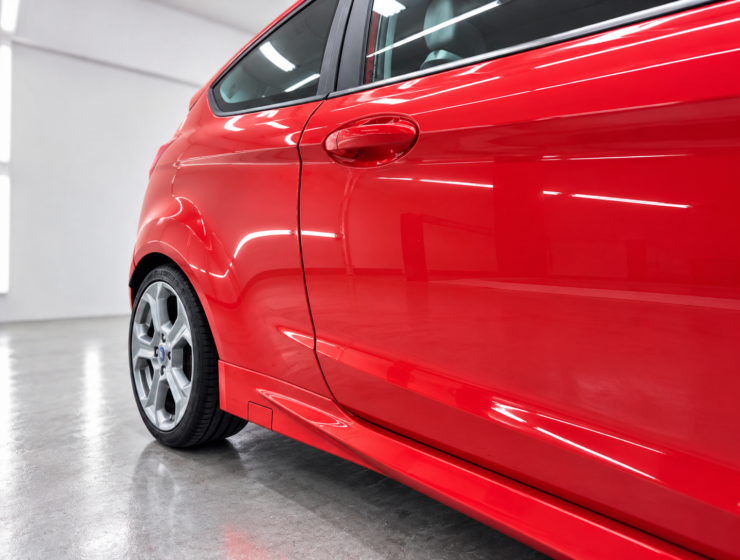 Carro vermelho brilhante em estudio automovel